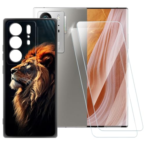 ESACMOT Schutzhülle mit Löwenmuster, kompatibel mit ZTE Axon 40 Ultra + [2 Pack] Displayschutzfolie aus gehärtetem Glas, stoßfeste Schutzhülle für ZTE Axon 40 Ultra Space Edition (6,8 Zoll) von ESACMOT