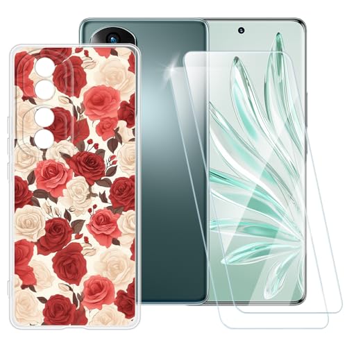 ESACMOT Schutzhülle mit Rosenmuster, kompatibel mit Huawei Honor 70 Pro + [2 Pack] Displayschutzfolie aus gehärtetem Glas, stoßfeste Schutzhülle für Huawei Honor 70 Pro+ (6,8 Zoll) von ESACMOT