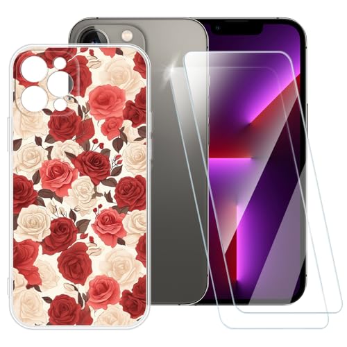 ESACMOT Schutzhülle mit Rosenmuster, kompatibel mit iPhone 13 Pro 6.1 + [2 Pack] Displayschutzfolie aus gehärtetem Glas, stoßfeste Schutzhülle für iPhone 13 Pro 6,1 (6,1 Zoll) von ESACMOT