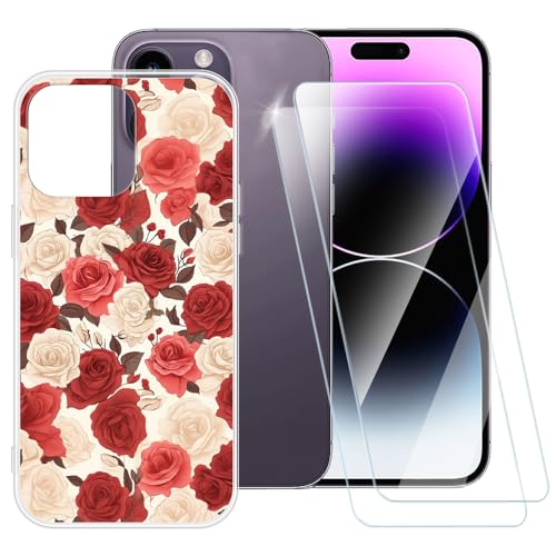 ESACMOT Schutzhülle mit Rosenmuster, kompatibel mit iPhone 14 Pro Max + [2 Pack], Displayschutzfolie aus gehärtetem Glas, stoßfeste Schutzhülle für iPhone 14 Pro Max (6,7 Zoll) von ESACMOT