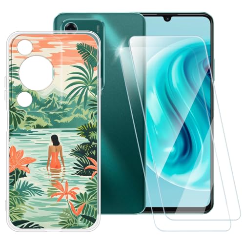 ESACMOT Schutzhülle mit Schwimmfrauenmuster, kompatibel mit Huawei Enjoy 70 4G + [2 Stück] Displayschutzfolie aus gehärtetem Glas, stoßfeste Schutzhülle für Huawei Nova Y72 4G (6,7 Zoll) von ESACMOT