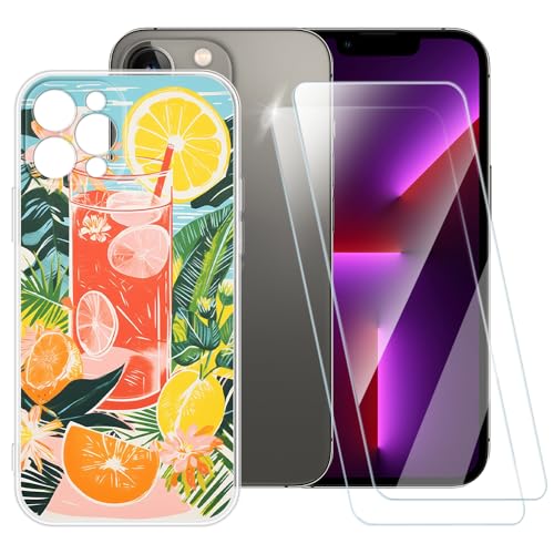 ESACMOT Schutzhülle mit Sommerzeitmuster, kompatibel mit iPhone 13 Pro 6.1 + [2 Stück] Displayschutzfolie aus gehärtetem Glas, stoßfeste Schutzhülle für iPhone 13 Pro 6,1 (6,1 Zoll) von ESACMOT