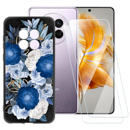 ESACMOT Schutzhülle mit blauem Blumenmuster, kompatibel mit Huawei Mate 50 + [2 Stück] Displayschutzfolie aus gehärtetem Glas, stoßfeste Schutzhülle für Huawei Mate 50E (6,7 Zoll) von ESACMOT