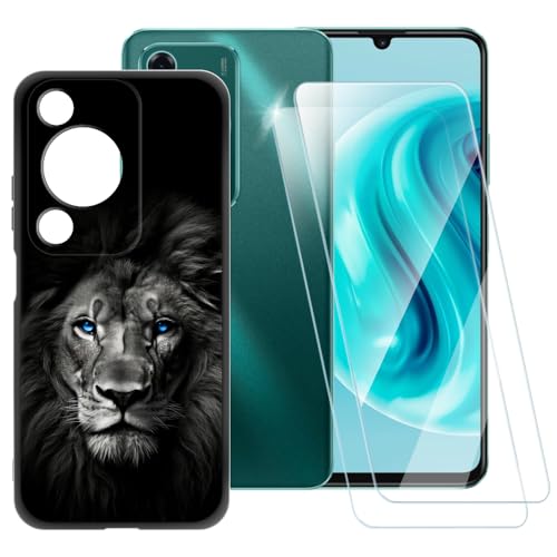 ESACMOT Schutzhülle mit dunklem Löwenmuster, kompatibel mit Huawei Enjoy 70 4G + [2 Pack] Displayschutzfolie aus gehärtetem Glas, stoßfeste Schutzhülle für Huawei Nova Y72 4G (6,7 Zoll) von ESACMOT