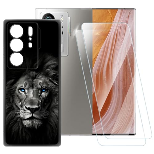 ESACMOT Schutzhülle mit dunklem Löwenmuster, kompatibel mit ZTE Axon 40 Ultra + [2 Pack] Displayschutzfolie aus gehärtetem Glas, stoßfeste Schutzhülle für ZTE Axon 40 Ultra Space Edition (6,8 Zoll) von ESACMOT