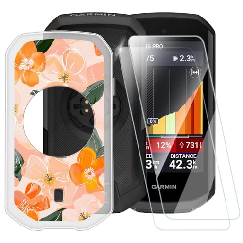 ESACMOT Schutzhülle mit orangefarbenem Blumenmuster, kompatibel mit Garmin Edge 1050 + [2 Stück] Displayschutzfolie aus gehärtetem Glas, stoßfeste Schutzhülle für Garmin Edge 1050 (3,5 Zoll) von ESACMOT