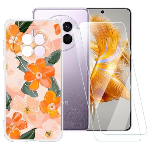 ESACMOT Schutzhülle mit orangefarbenem Blumenmuster, kompatibel mit Huawei Mate 50 + [2 Stück] Displayschutzfolie aus gehärtetem Glas, stoßfeste Schutzhülle für Huawei Mate 50E (6,7 Zoll) von ESACMOT