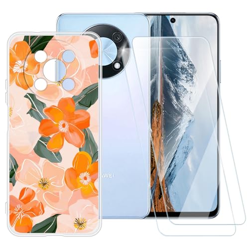 ESACMOT Schutzhülle mit orangefarbenem Blumenmuster, kompatibel mit Huawei Nova Y90 + [2 Pack] Displayschutzfolie aus gehärtetem Glas, stoßfeste Schutzhülle für Huawei Enjoy 50 Pro (6,7 Zoll) von ESACMOT