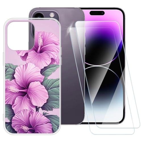 ESACMOT Schutzhülle mit rosa Blumenmuster, kompatibel mit iPhone 14 Pro Max + [2 Stück] Displayschutzfolie aus gehärtetem Glas, stoßfeste Schutzhülle für iPhone 14 Pro Max (6,7 Zoll) von ESACMOT