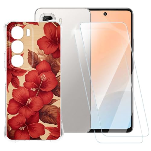 ESACMOT Schutzhülle mit rotem Blumenmuster, kompatibel mit Infinix Hot 50 4G X6882 + [2er-Pack] Displayschutzfolie aus gehärtetem Glas, stoßfeste Schutzhülle für Infinix Hot 50 4G X6882 (6,8 Zoll) von ESACMOT