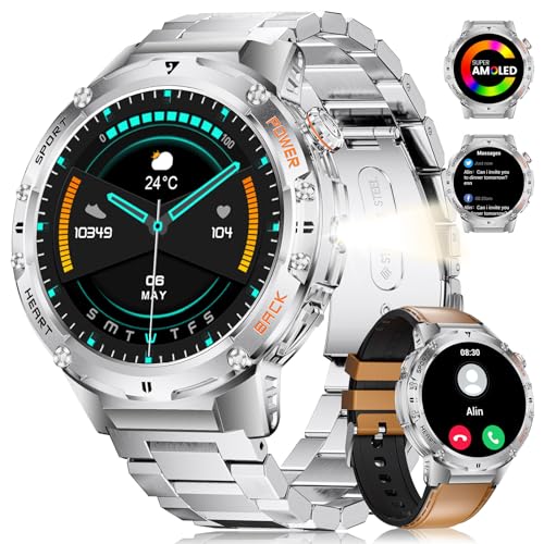 2025 Smartwatch Herren Militär mit Taschenlampe/530mAh Akku,1,43'' AMOLED Stahl Gear Smart Watch mit Telefonfunktion, 5ATM Wasserdicht Fitnessuhr Sportuhr mit 132 Sportmodi für Android iOS (2 Bänder) von ESFOE