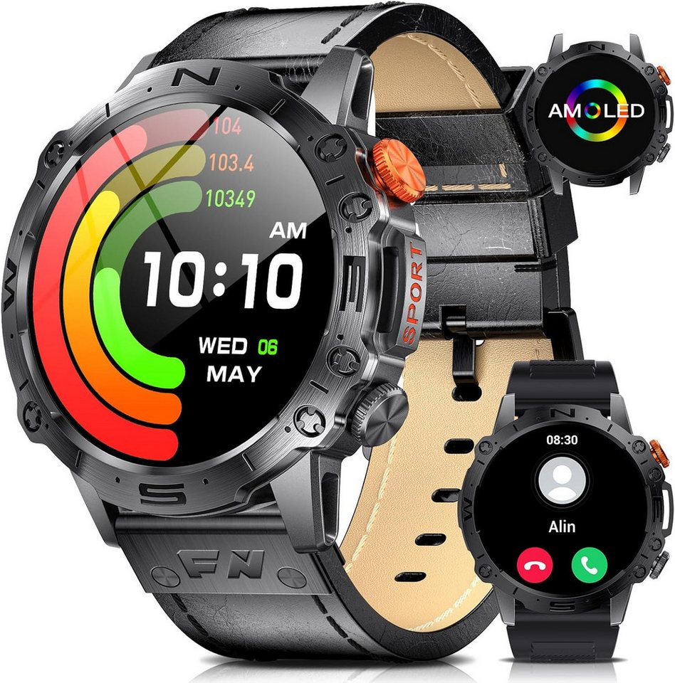 ESFOE Fur Herren mit Telefonfunktion AMOLED Always-on Militär Smartwatch (1.43 Zoll, Android / iOS), mit Herzfrequenz/Schlafüberwachung/SpO2/Schrittzähler 100+ Sportmodi von ESFOE