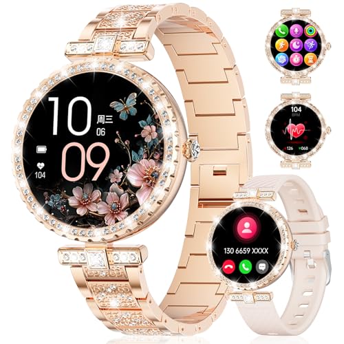 ESFOE Smartwatch Damen mit Telefonfunktion, 1,19'' AMOLED Diamant Smart Watch mit SpO2/Pulsuhr Schlafmonitor/Schrittzähler Kalorien, IP68 Fitnessuhr Damen für IOS Android, Roségold Frauen Geschenk von ESFOE