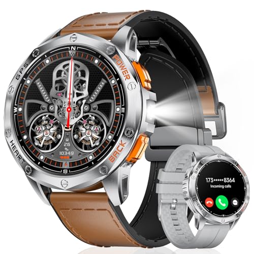 ESFOE Smartwatch Herren GPS Laufuhr Herren-LED Taschenlampe/530mAh Akku, 1,43'' AMOLED 10ATM Smartwatch Militär mit Kompass, Barometer, Herzfrequenz, SpO2, Schlafüberwachung für Android iOS,Silbre von ESFOE