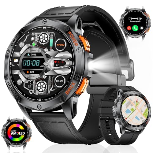 ESFOE Smartwatch Herren GPS Laufuhr Herren-LED Taschenlampe/530mAh Akku, 1,43'' AMOLED 10ATM Smartwatch Militär mit Kompass, Barometer, Herzfrequenz, SpO2, Schlafüberwachung für Android iOS,Schwarz von ESFOE