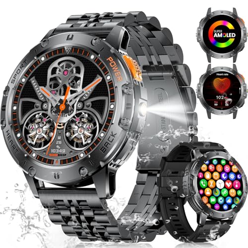 ESFOE Smartwatch Herren mit 530mAh Akku, 1.43'' Militär Smartwatch mit LED Taschenlampe, Telefonfunktion, 3ATM Wasserdicht Robuste Outdoor Uhren mit 24H Gesundheits-Screening für Android iOS, Schwarz von ESFOE