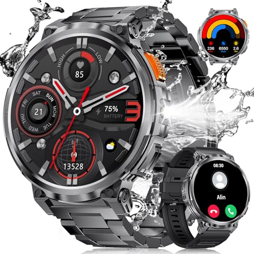 ESFOE Smartwatch Herren mit Taschenlampe/1.85“ HD Display/730 mAh Akku Telefonfunktion Smart Watch mit 120+ Sportmodi, IP68 Wasserdicht Fitnessuhr with 24/7 Herzfrequenz, SpO2 für Android iOS 2 Gurte von ESFOE