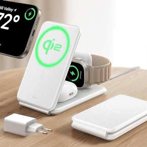 ESR Qi2 3-in-1-Ladestation Apple Watch und iPhone, 15W MagSafe Ladegerät mit Apple Watch-Ladegerät [Zertifiziert], Reiseladegerät für mehrere Geräte iPhone 16/15/14/13/12 & Watch & AirPods 4, Weiß von ESR