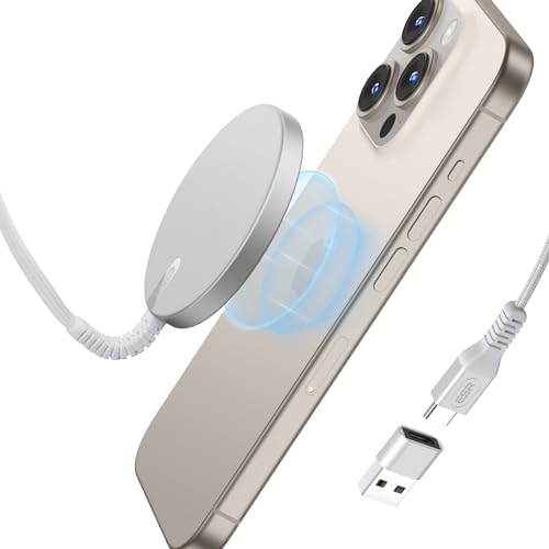 ESR HaloLock Mini kabelloses Ladegerät, kompatibel mit MagSafe Ladegerät, für iPhone 15/15 Plus/15 Pro/15 Pro Max/14/13/12 Serie, starker Magnetverschluss, verstärktes Nylonkabel, Silber von ESR