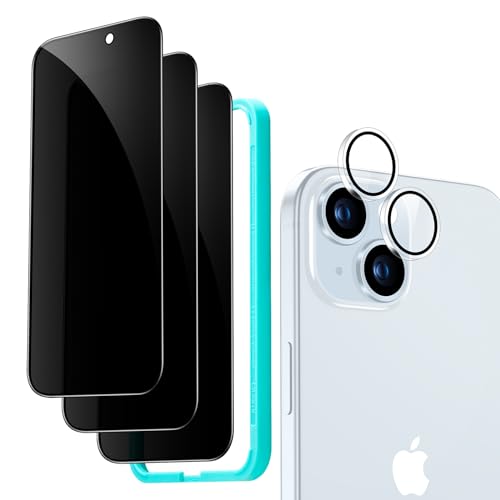 ESR iPhone 15 Display Sichtschutz Set, Anti Spy Displayschutz aus gehärtetem Glas, mikrogekrümmte Kanten, hüllenfreundlich, 3 Stück mit 1 Satz individuellem Kamera Schutz von ESR