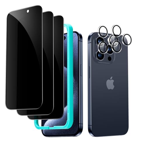 ESR iPhone 15 Pro Display Sichtschutz Set, Anti Spy Displayschutz aus gehärtetem Glas, mikrogekrümmte Kanten, hüllenfreundlich, 3 Stück mit 2 Sätzen individuellem Kamera Schutz von ESR