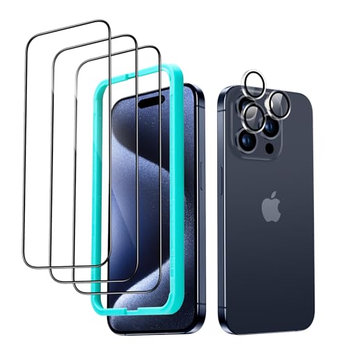 ESR iPhone 15 Pro Displayschutzfolien-Set, 3 Displayschutzfolien aus gehärtetem Glas und 1 Set einzelner Kamera Schutzfolien, 2,5D gebogene Kanten, vollständiger Militärnorm Schutz, kratzfest von ESR