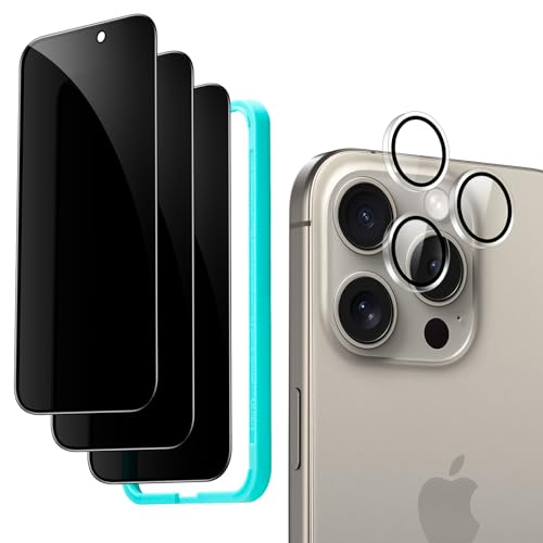 ESR iPhone 15 Pro Max Display Sichtschutz Set, Anti Spy Displayschutz aus gehärtetem Glas, mikrogekrümmte Kanten, hüllenfreundlich, 3 Stück mit 1 Satz individuellem Kamera Schutz von ESR