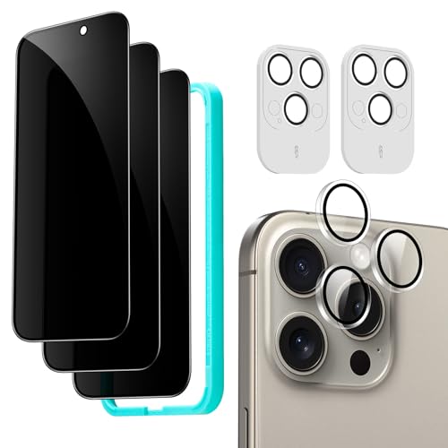 ESR iPhone 15 Pro Max Display Sichtschutz Set, Anti Spy Displayschutz aus gehärtetem Glas, mikrogekrümmte Kanten, hüllenfreundlich, 3 Stück mit 2 Sätzen individuellem Kamera Schutz von ESR