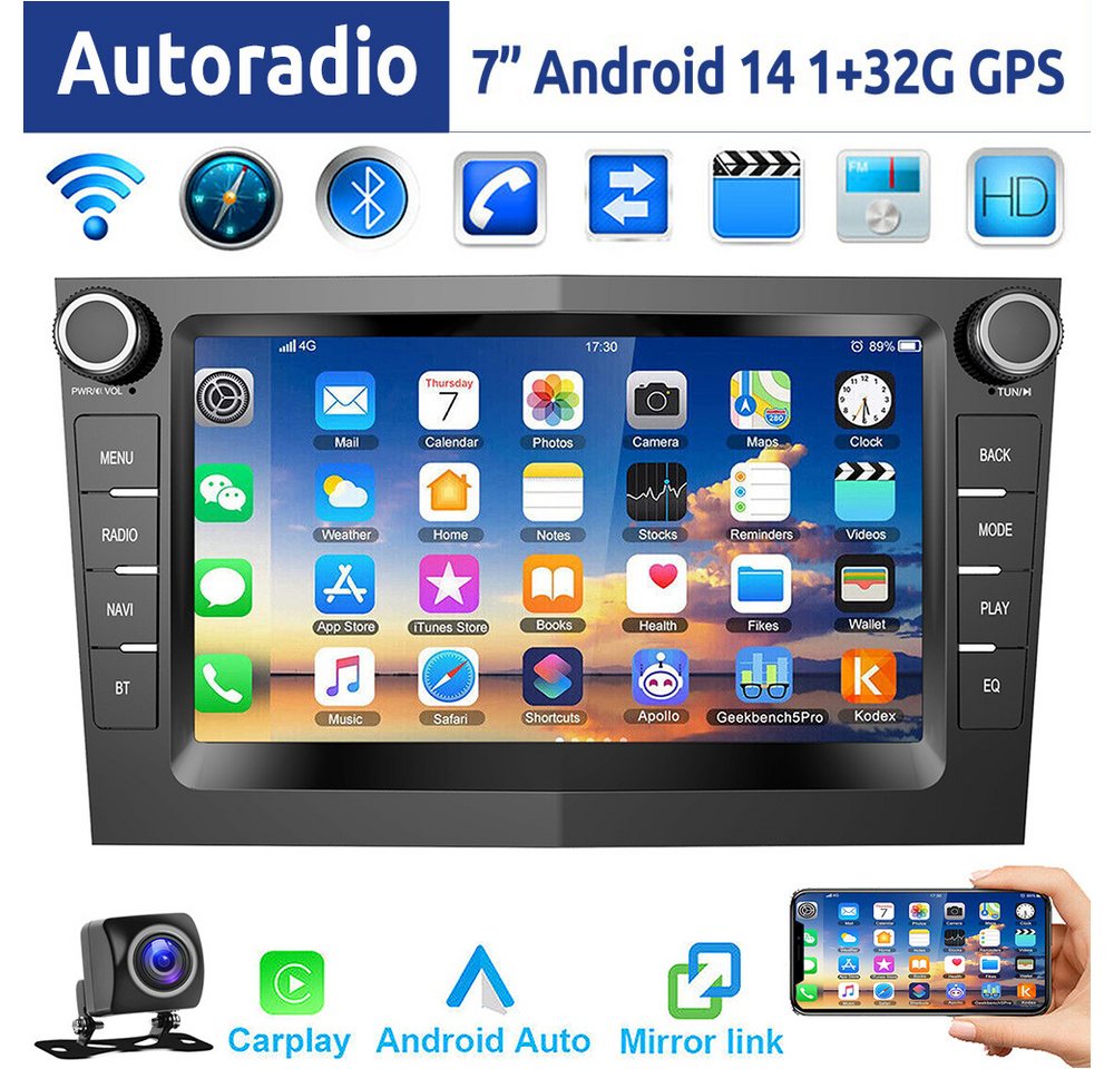 ESSGOO 7" Android 14 Für Opel Corsa C D Astra G H Meriva Zafira A B Vectra Autoradio (DAB+ (optional), FM, RDS, Carplay Android Auto Bluetooth EQ USB GPS Navi WIFI IPS Touchscreen) von ESSGOO