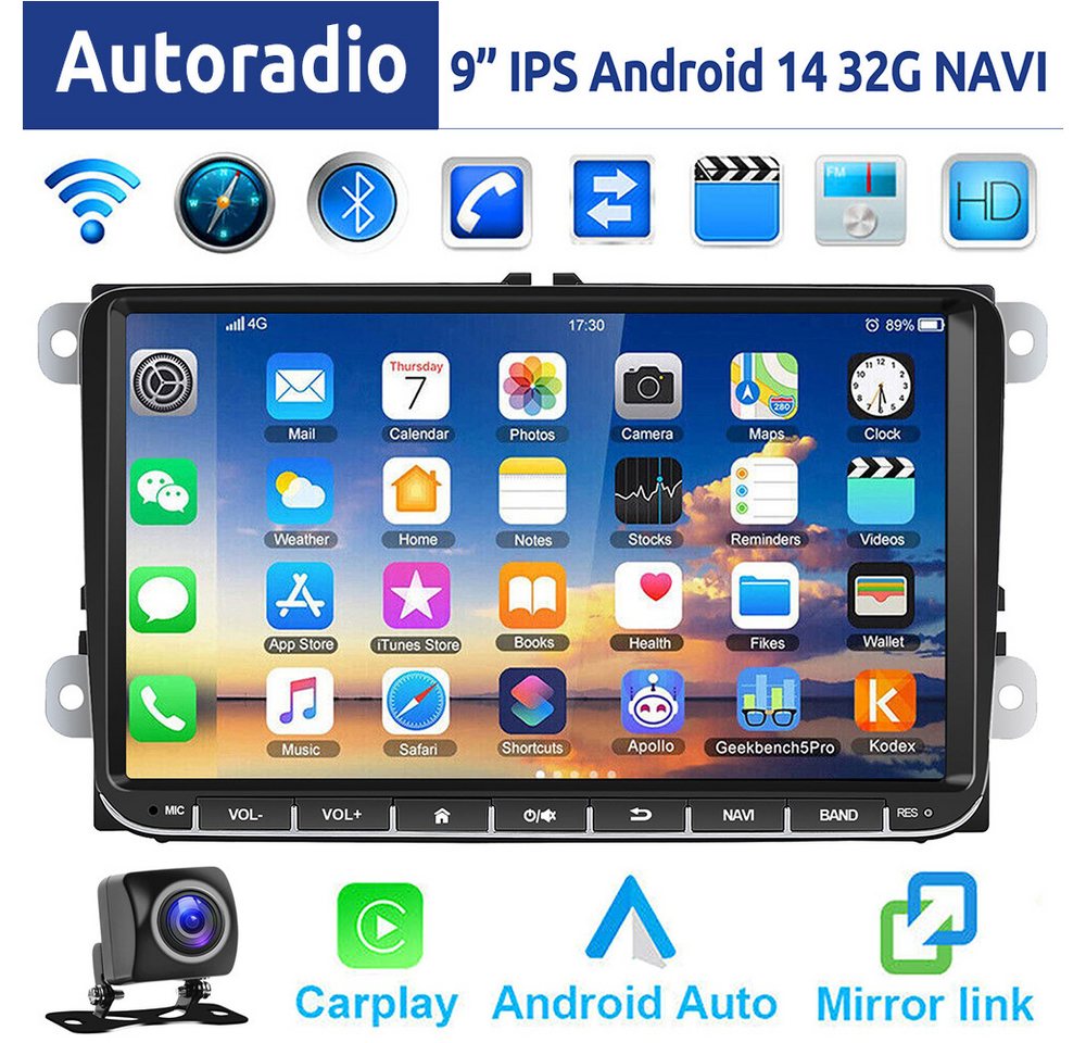 ESSGOO 9" Android 14 Für VW GOLF 5 6 Touran EOS Tiguan Polo 6R Passat Caddy Autoradio (DAB (optional), DAB+ (optional), FM, RDS, Carplay Android Auto Bluetooth EQ USB GPS Navi WIFI IPS Touchscreen) von ESSGOO