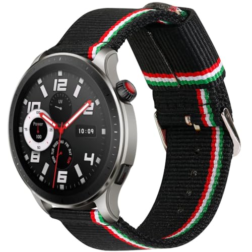 ESTUYOYA - Uhrenarmband 22mm Kompatibel mit Amazfit Bip 5/Balance/GTR 4/GTR 3 Pro/GTR 3/GTR 2/GTR/GTR 47mm/Stratos 3, Farben der italienischen Flagge Nylon-Armband Sportlich Elegant - Line von ESTUYOYA