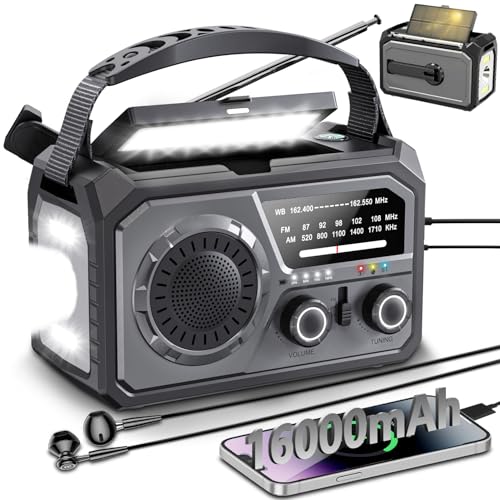 ETDEUH 16000mAh Kurbelradio mit Handyladefunktion Solar, AM/FM Tragbar Notfallradio mit Wiederaufladbar Powerbank Solar Radio Dynamo mit Taschenlampe SOS Alarm Kompass für Camping, Ourdoor (Grau) von ETDEUH