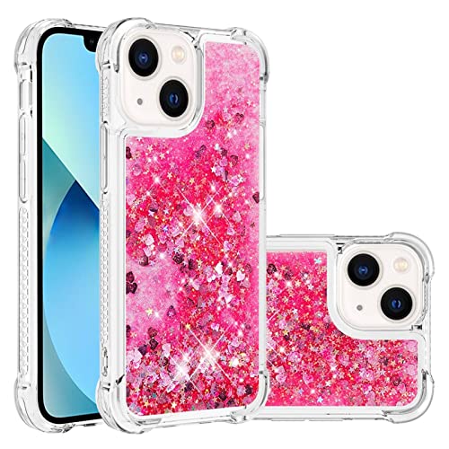 Handy Schutz Glitter Case für iPhone 13 Case für Frauen Mädchen Girly Sparkle Luxus Schwimmend Quicksand Transparent Weich TPU. Handytasche Zubehör für Telefon(Rose red heart) von ETGOKJM