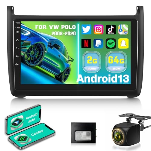 2G+64G Android 13 Autoradio für VW Volkswagen Polo 2008-2020 mit Kabelloses Carplay und Android Auto, 9 Zoll Touchscreen Autoradio mit WiFi/GPS/FM RDS/Bluetooth+AHD Rückfahrkamera von ETLFUCyber