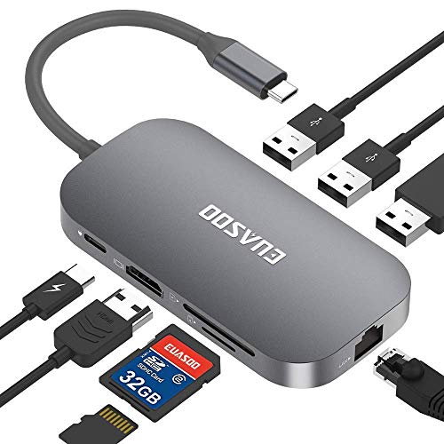EUASOO USB C Hub 9 Port Aluminium USB C Adapter mit 4K-HDMI, 2 USB 3.0 Ports, 1 USB 2.0 Port, Type C PD, Gigablit Ethernet RJ45, SD/TF-Kartenleser für MacBook Air/Pro, Chromebook, More Type C Geräte von EUASOO