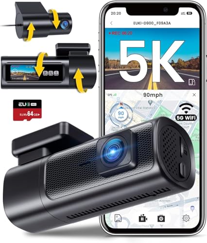 4K+2.5K Dashcam Auto Vorne Hinten mit 5GHz WiFi, 5K HDR 30fps/4K 60fps Dash Cam mit 64G SD-Karte, STARVIS Nachtsicht, 1,5" IPS-Bildschirm, GPS Auto Kamera, 24H Parküberwachung, 360° Drehbar. Max 512GB von EUKI