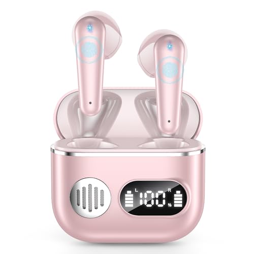 EUQQ Kopfhörer Kabellos Bluetooth, 2024 Neue Bluetooth 5.3 In Ear Kopfhörer HiFi Stereo mit ENC Mic, 48Std Kabellose Kopfhörer mit LED-Anzeige IPX7 Wasserdicht Ohrhörer für Sport Rosa von EUQQ