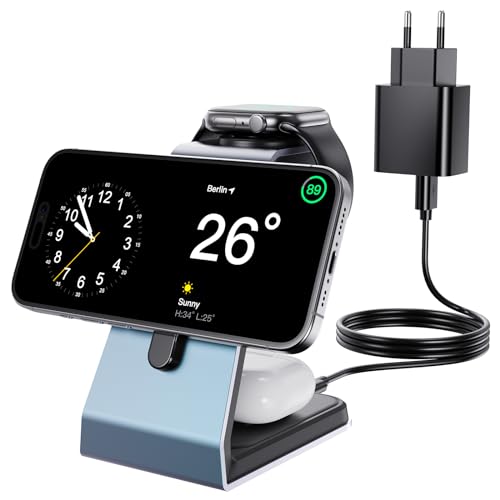 EVARY 3 in 1 Faltbar kabellose Ladestation für Apple Watch und i Phone Induktive Ladegerät kompatibel für Apple Watch 9/Ultra 2/8/7/SE 6/5/4/i Phone 15/15 Pro/15 Pro MAX/14/13/12/11/X/XR/AirPods von EVARY