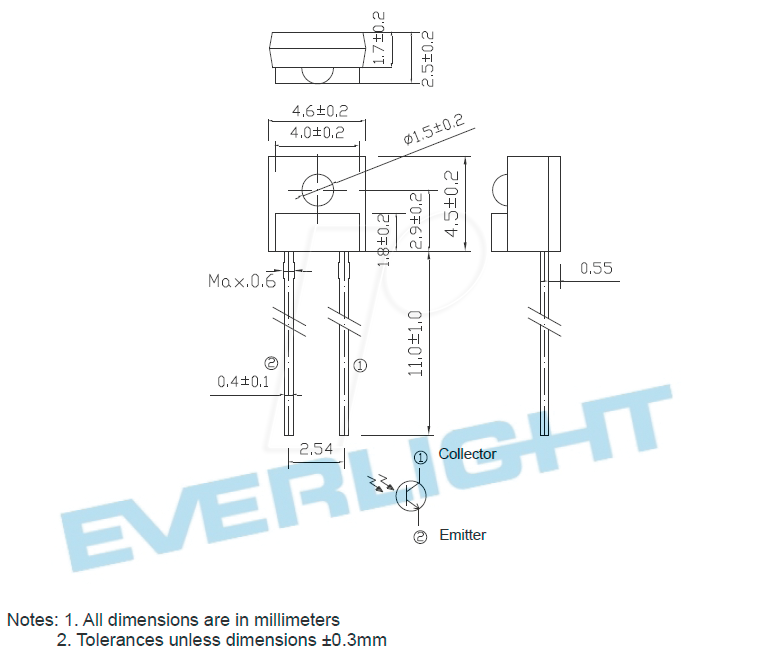 PT928-6C-F EVL - Sidelooker Phototransistor , NPN, 450...1100nm, RM 2,5mm von EVERLIGHT