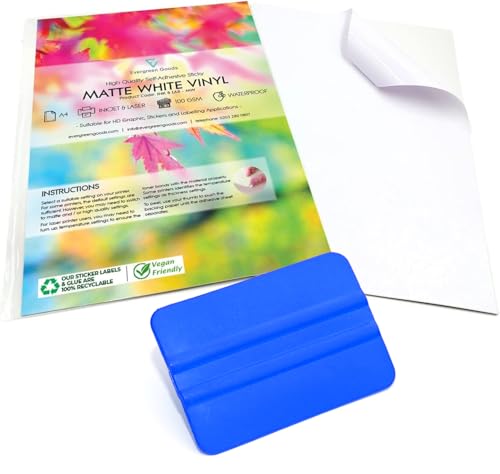 Evergreen Goods 200 Blatt A4 wasserdichtes Vinyl-Aufkleberpapier mit Vinyl-Rakel, selbstklebend, mattweiß, PVC-Aufkleberbögen, 200 g/m², Tintenstrahl- und Laserdrucker, perfekt für individuelle von EVG