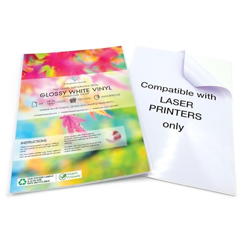 Evergreen Goods Ltd 20 Blatt A4 Weiß Glänzend Wasserdicht (PVC) Selbstklebendes Vinyl Aufkleber Papier, Klebriges Druckpapier Geeignet für Laserdrucker, Druckerpapier für High Definition Aufkleber von EVG