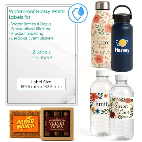 Wasserdichte, bedruckbare Etiketten für Wasserflaschen – individuelle Design-Aufkleber für kleine Unternehmen – mehrere Größen selbstklebende A4-Blätter – Inkjet & Laser bedruckbar (Hochglanzweiß, 1 x Wasserdichte, bedruckbare Etiketten für Wasserflaschen – individuelle Design-Aufkleber für kleine Unternehmen – mehrere Größen selbstklebende A4-Blätter – Inkjet & Laser bedruckbar (Hochglanzweiß, 1 x von EVG