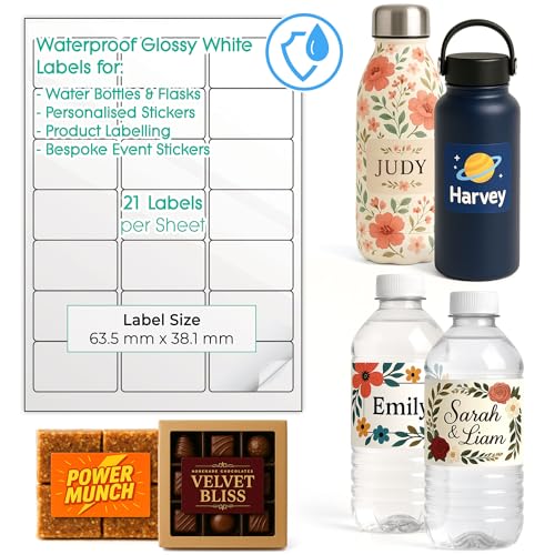 Wasserdichte, bedruckbare Etiketten für Wasserflaschen – individuelle Design-Aufkleber für kleine Unternehmen – mehrere Größen selbstklebende A4-Blätter – Inkjet & Laser bedruckbar (glänzendes Weiß, 3 Wasserdichte, bedruckbare Etiketten für Wasserflaschen – individuelle Design-Aufkleber für kleine Unternehmen – mehrere Größen selbstklebende A4-Blätter – Inkjet & Laser bedruckbar (glänzendes Weiß, 3 von EVG