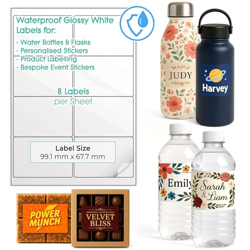 Wasserdichte, bedruckbare Etiketten für Wasserflaschen – individuelle Design-Aufkleber für kleine Unternehmen – mehrere Größen selbstklebende A4-Blätter – Inkjet & Laser bedruckbar (glänzendes Weiß, 2 Wasserdichte, bedruckbare Etiketten für Wasserflaschen – individuelle Design-Aufkleber für kleine Unternehmen – mehrere Größen selbstklebende A4-Blätter – Inkjet & Laser bedruckbar (glänzendes Weiß, 2 von EVG