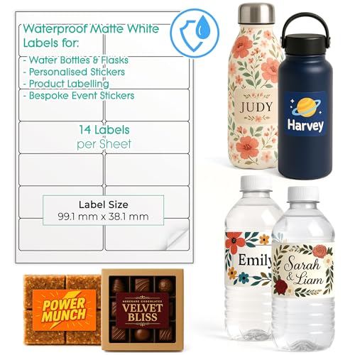 Wasserdichte, bedruckbare Etiketten für Wasserflaschen – individuelle Design-Aufkleber für kleine Unternehmen – mehrere Größen selbstklebende A4-Blätter – Inkjet & Laser bedruckbar (mattes Weiß, 2 x 7 Wasserdichte, bedruckbare Etiketten für Wasserflaschen – individuelle Design-Aufkleber für kleine Unternehmen – mehrere Größen selbstklebende A4-Blätter – Inkjet & Laser bedruckbar (mattes Weiß, 2 x 7 von EVG