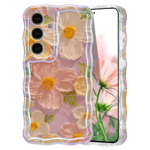 EYZUTAK Handyhülle für Samsung Galaxy S24 Plus,Vintage Ölgemälde Blume Handyhülle Glitzer Laserblume Hülle Lockiges Wellen Rahmenform Soft TPU Case Ultradünne Stoßfeste Schutzhülle Bumper Cover-Rosa von EYZUTAK