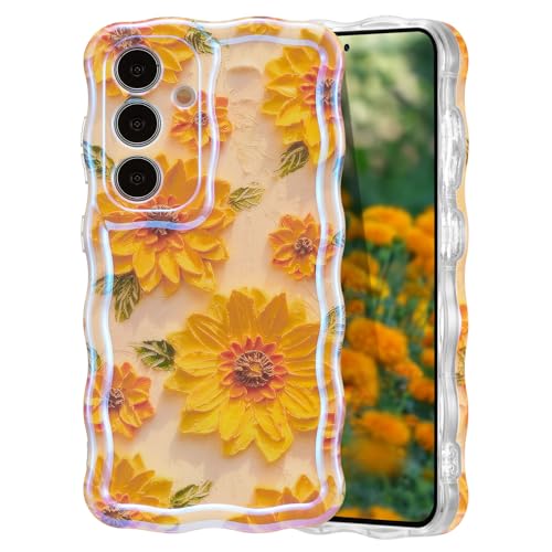 EYZUTAK Handyhülle für Samsung Galaxy S24 Plus,Vintage Ölgemälde Sonnenblume Handyhülle Glitzer Laserblume Hülle Lockiges Wellen Soft TPU Case Ultradünne Stoßfeste Schutzhülle-Sonnenblume/Gelb von EYZUTAK