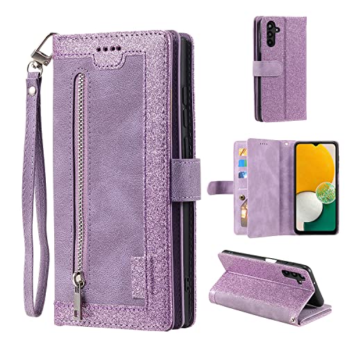 EYZUTAK Handyhülle für Samsung Galaxy S25/Samsung Galaxy S24,Flip Case Lederhülle Reißverschluss Magnetverschluss Brieftasche mit 9 Kartenfächern Standfuntion Retro Matt Ledertasche-Glitzer Lila von EYZUTAK