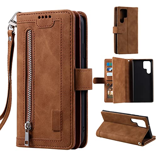 EYZUTAK Handyhülle für Samsung Galaxy S25 Ultra,Flip Case Lederhülle Reißverschluss Magnetverschluss Brieftasche mit 9 Kartenfächern Standfuntion Retro Matt Ledertasche-Braun von EYZUTAK