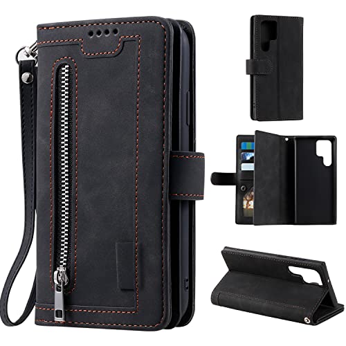 EYZUTAK Handyhülle für Samsung Galaxy S25 Ultra,Flip Case Lederhülle Reißverschluss Magnetverschluss Brieftasche mit 9 Kartenfächern Standfuntion Retro Matt Ledertasche-Schwarz von EYZUTAK